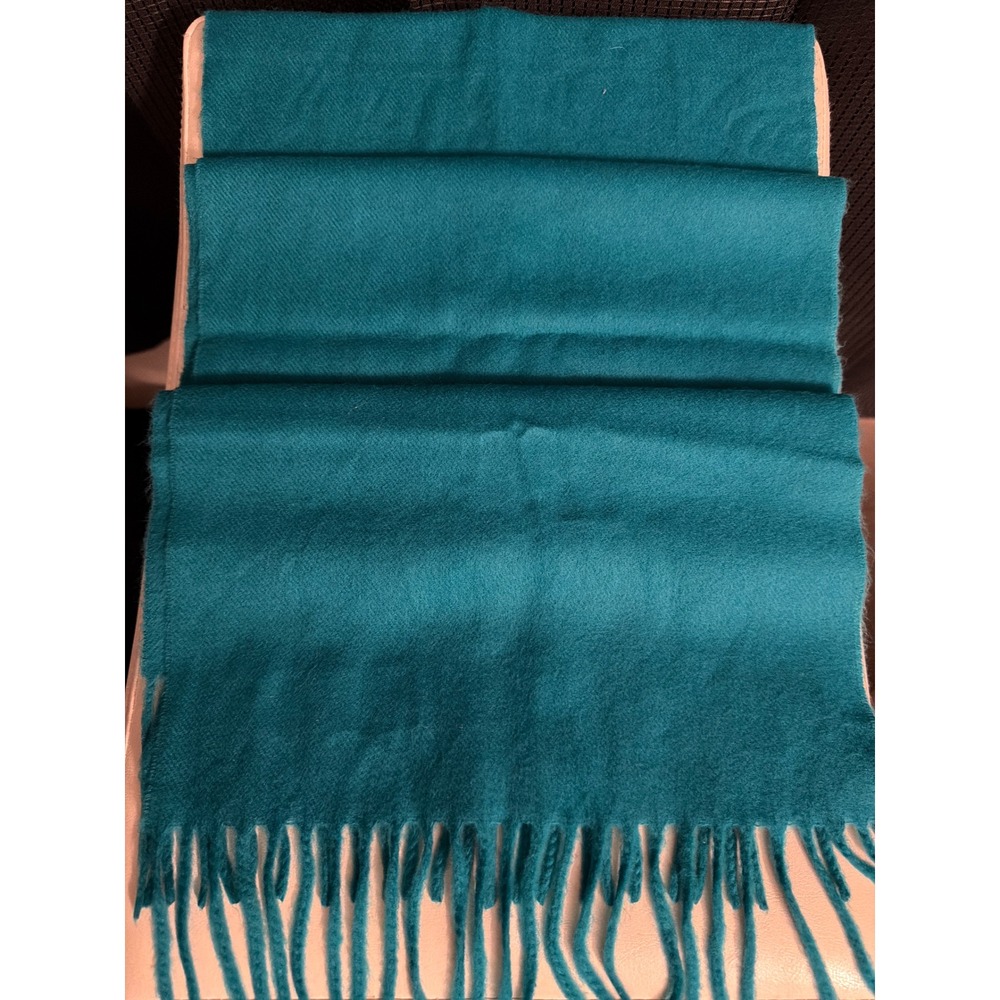 100% Cashmere Scarf Made in Scotland Teal Blue Tassel Fringe Winter Wrap